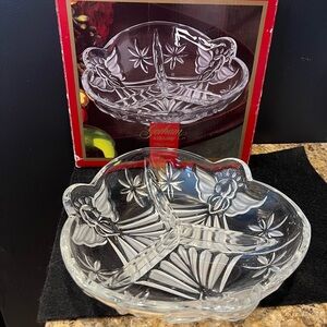 Gorham Holiday Traditions 8” Divided Relish Crystal Dish Angels of Peace Germany